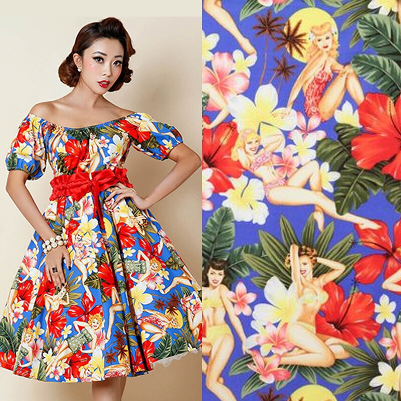 Amazing Sexy Hawaii Lady Printed Cotton Fabric Twill Cloth for Patchwork Quilting Flesh Tissue 50x140cm