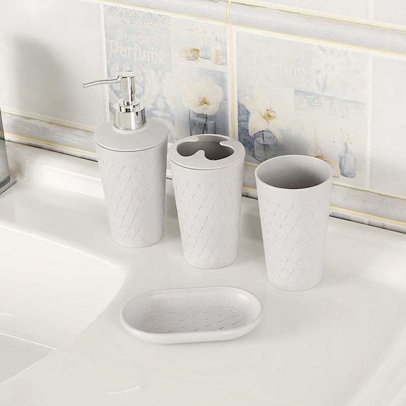 Juego de soporte para cepillo de dientes de paja de trigo Set de accesorios de baño, vaso, jabonera, dispensador de jabón, 4 unidades: Gray