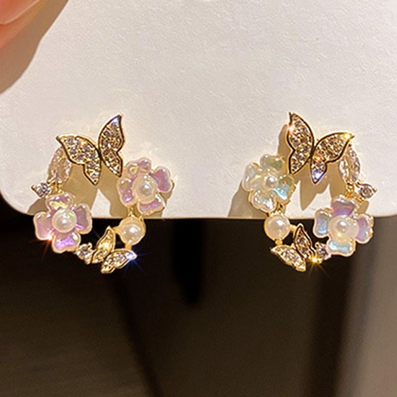 Boucles d'oreilles coréennes en forme de couronne creuse pour femmes, bijoux de fête de mariage en cristal Zircon, abeille douce, papillon,: Rhodium plaqué