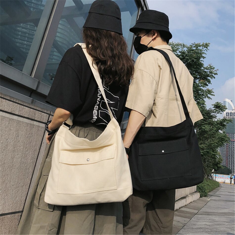Unisex Harajuku Stijl Canvas Tassen Grote Capaciteit Schoudertas Effen Kleur Crossbody Tas Voor Vrouwen Trend Dames Handtassen