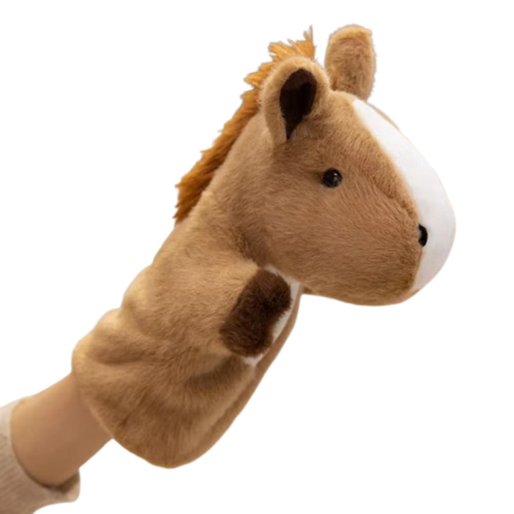 Fantoche de mão de cavalo para contar histórias, macio, com simulação de mão e dedo, 25cm para educação infantil. fantoche de pelúcia para a hora da história.: Branco