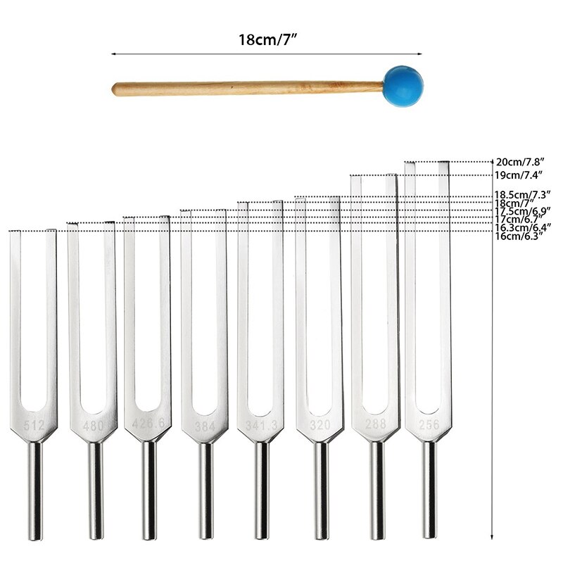 8Pcs 256-512Hz Aluminium Musical Tuning Fork Sound Healing Therapy Tool Set
