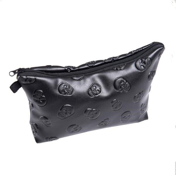 Zwarte schedel 3D Afdrukken lederen make-up tas vrouwen Mode reizen organizer PU cosmetische tas trousse de maquillage etui: Default Title