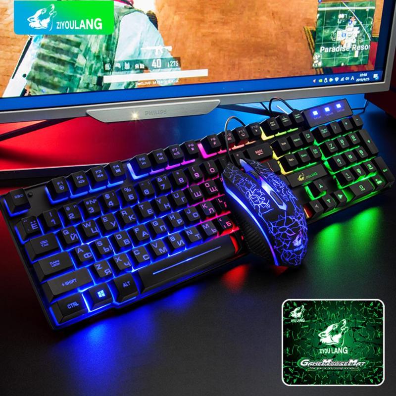 104 Keys USD Wired Russian Keyboard 4 Keys Mouse Set Four-Gears DPI Adjustable Mechanical Mice Keypads with Colorful Lights
