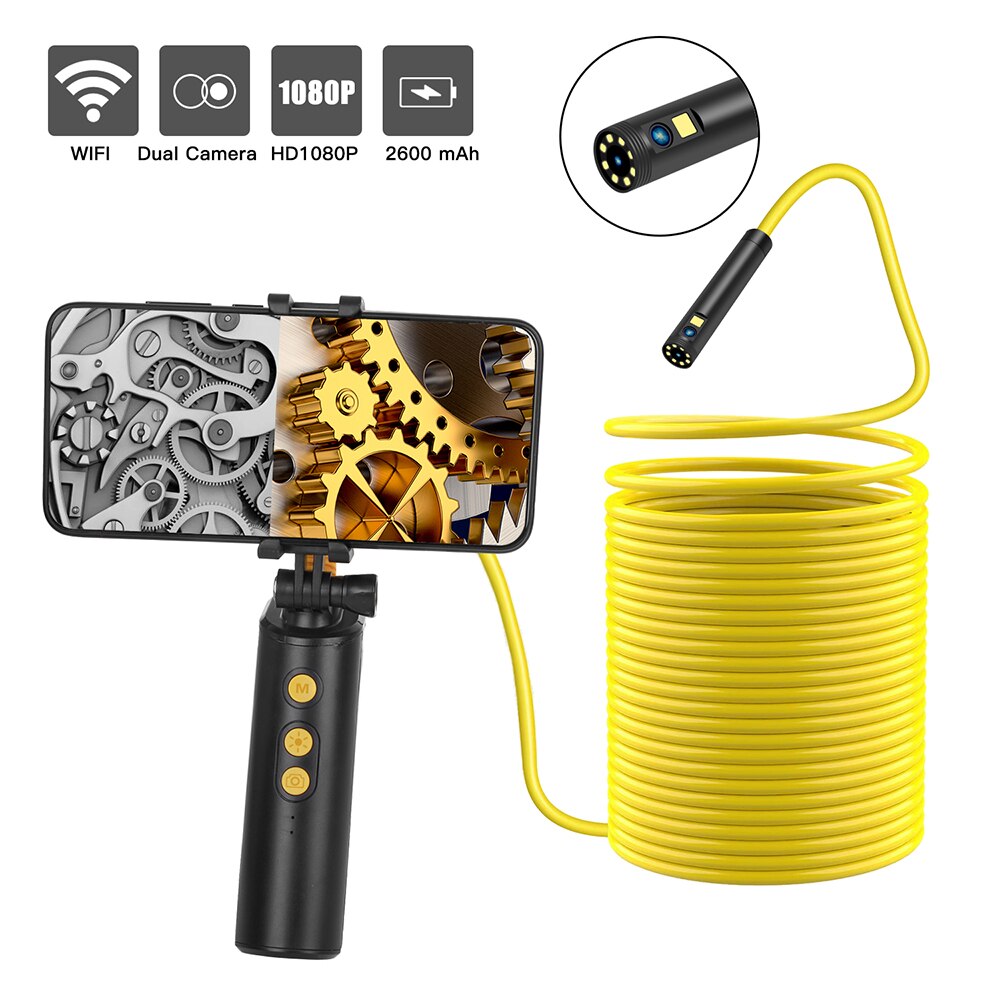 Connected Industrial Endoscopy Borescope Inspection Double Camera Built-in 9pcs 5 Levels Dimmable Adjustable Brightness LEDs: Yellow / 10M