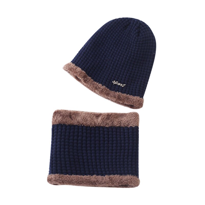 2Pcs Children baby boys hats+scarf sets Kids Patchwork Knitted wool keep Warm beanie caps fitted soft panama bonnet Winter A40: navy