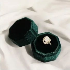 Caja octogonal de pana para anillos de boda, organizador de anillos de propuesta de compromiso, almacenamiento portátil, joyero Vintage,