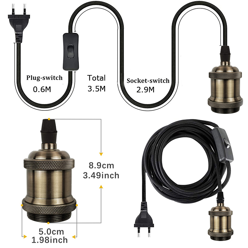 Support de lampe suspendue en métal E27, 3.5M, avec câble et prise, avec prise ue, câble de lampe Vintage