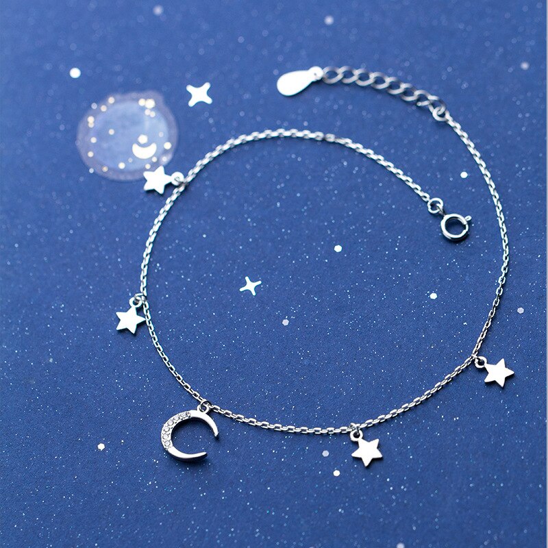 XMD 925 Sterling Silver Moon and Star Silver Bangles Bracelets Moon Star Chain Bracelets Sterling Silver Jewelry