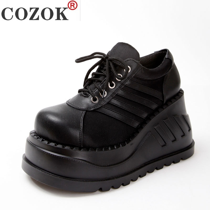 Botines de Mujer Punk clásicos góticos, gruesas Botas negras a la , zapatos de plataforma de cuña Para Mujer