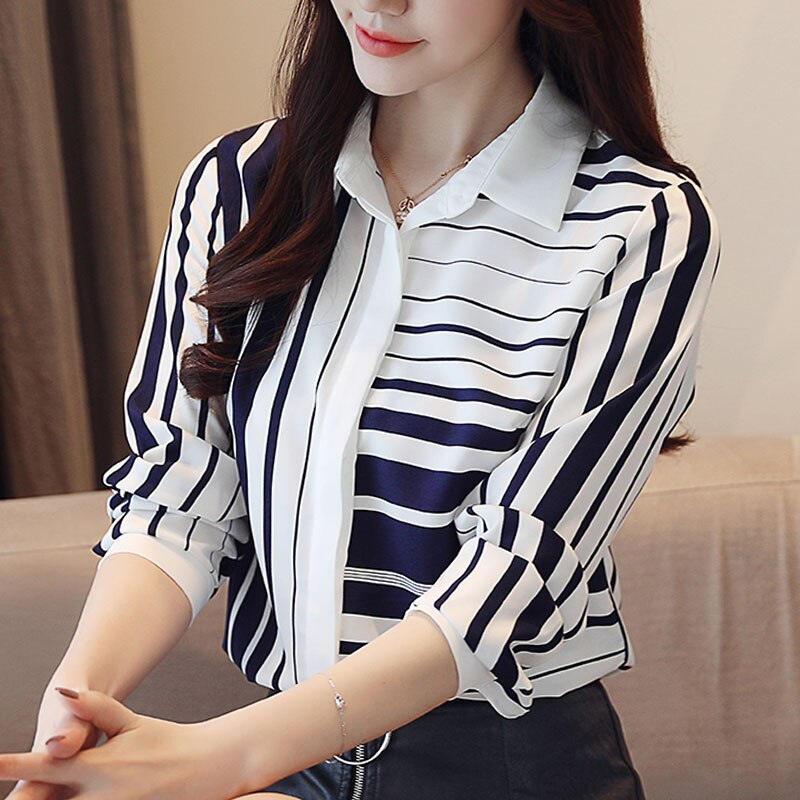 Femal Slanke Shirts Gestreepte Shirts Vrouwen Herfst Koreaanse Vrouwen Volledige Mouwen Turn-Down Kraag Chiffon Blouses 6108 50