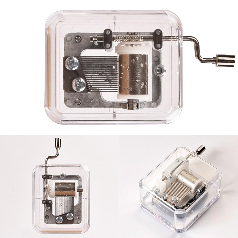 Hand Crank Music Box Mini Movement DIY Rectangle Plastic Transparent Music Case JAN88