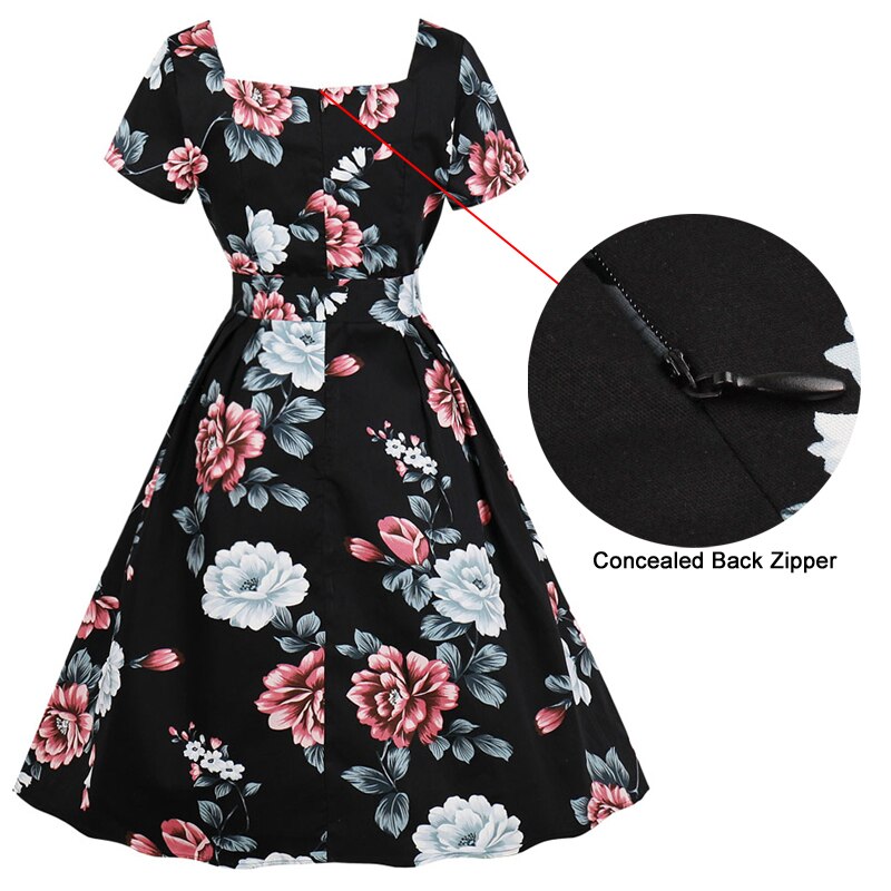 Tonval flosset firkantet hals blomsterprint sort kjole kvinder 50s retro tøj glamourøse rockabilly plisserede kjoler