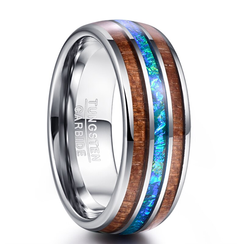 8mm Classic Hawaiian Koa Wood Colorful Opal Tungsten Carbide Ring Jewelry Dome Polished Men&#39;s Wedding Bands Rings