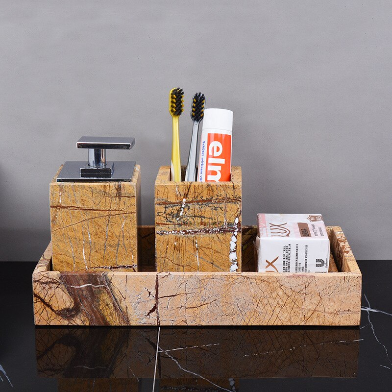 Fancy Brown Natural Marble Bathroom Accessories Sets Luxury Retro Soap Dispenser Toothbrush Holder Soap Dish Bathroom Kit