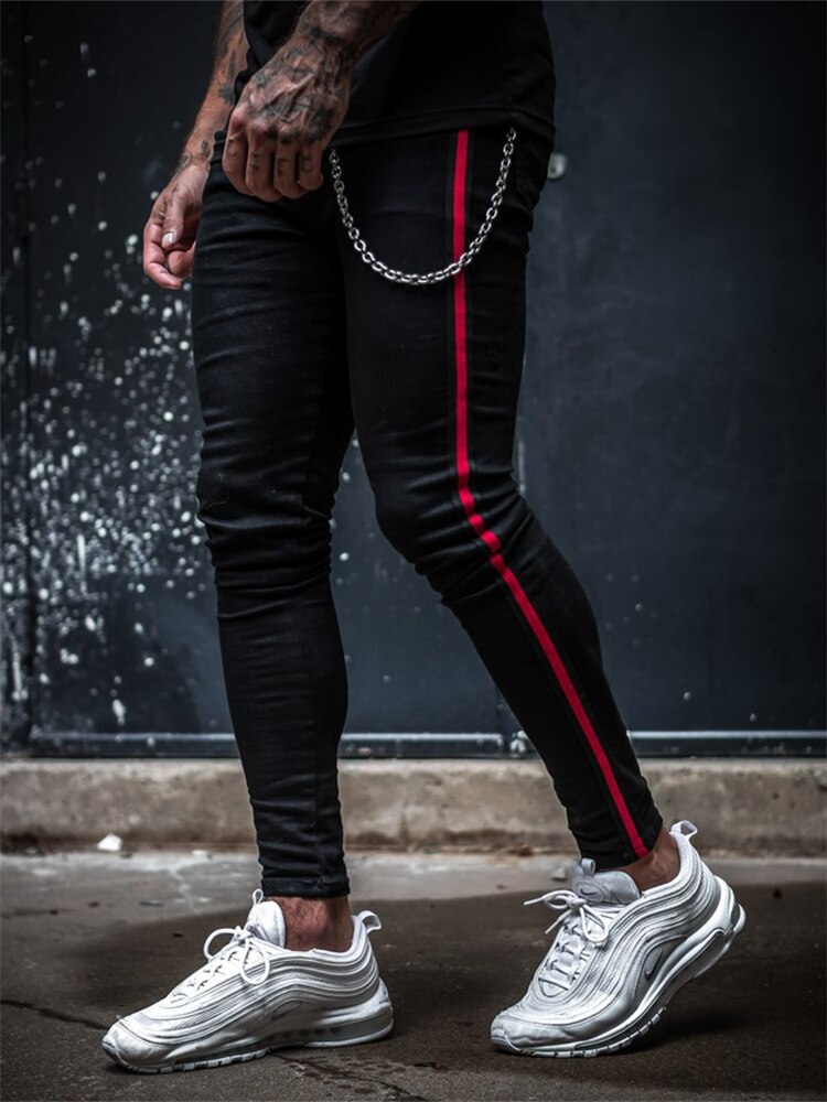 Herren Seite Streifen Dünne Fit Schwarz Denim Jeans Hip Hop Streetwear Einfarbig Plus Größe Slim Fit Leichte Baumwolle Jeans für Männer