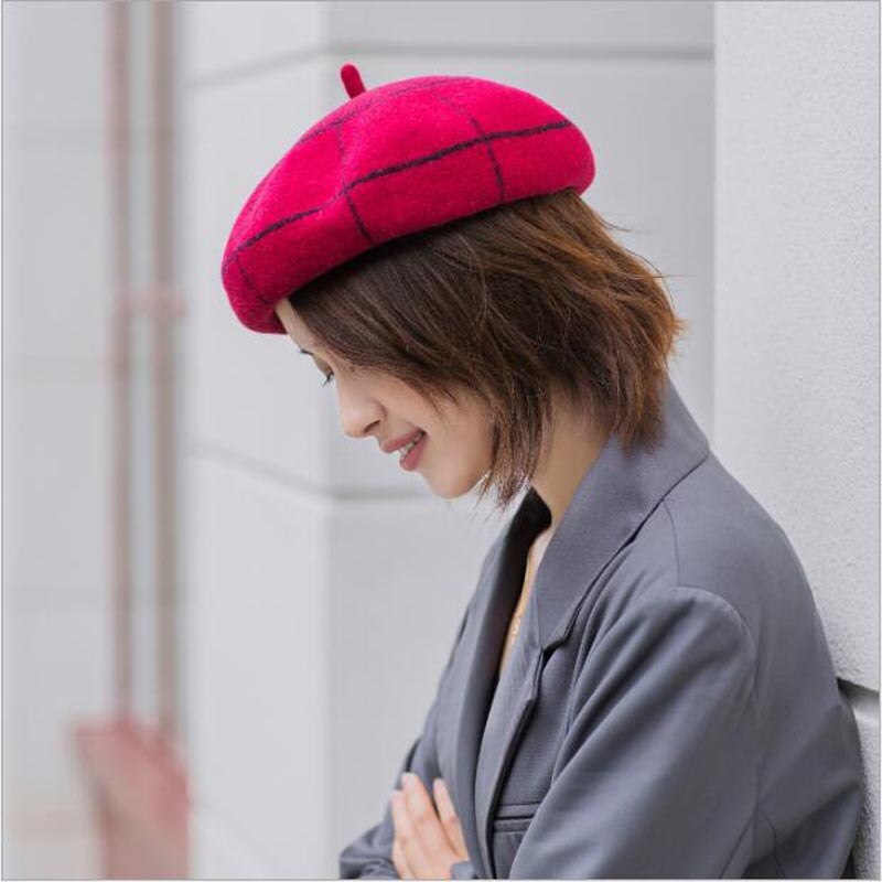 Boinas de invierno a cuadros para mujer Vintage de lana de punto sombreros femeninos estilo británico gorro de señora gorro de pintor sombreros de niña boina