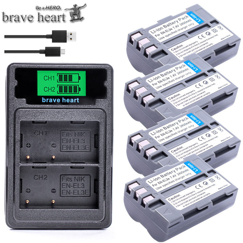 En -el3e en  el3e enel 3e 2400 mah kamera bateria batterier akku + lcd usb-lader til nikon  d30 d50 d70 d70s d90 d80 d100 d200 d300: Lader og 4 batterier