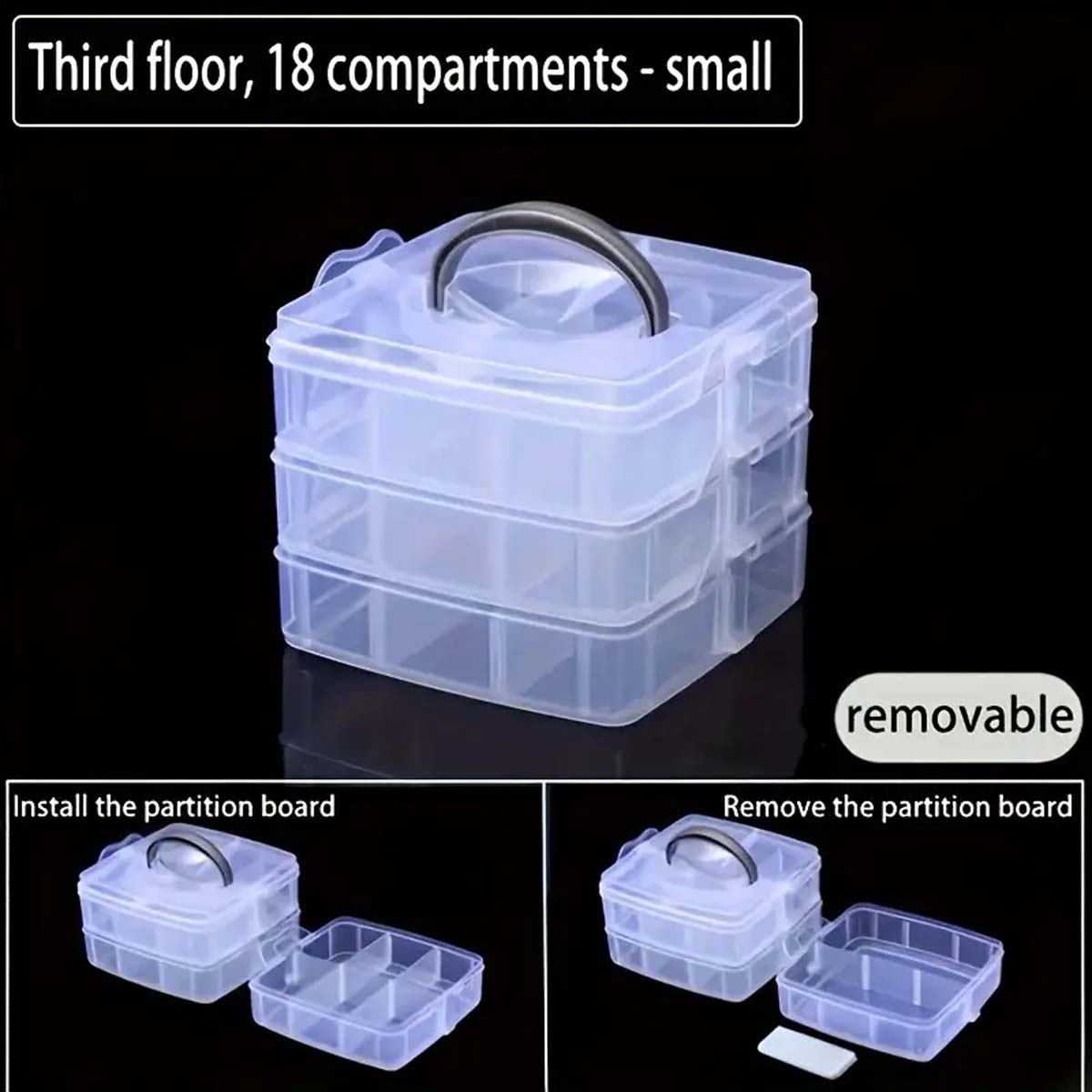 Caja organizadora de almacenamiento apilable de 3 niveles con 18 compartimentos ajustables, contenedor de plástico transparente con cierre a presión para juguetes, joyas
