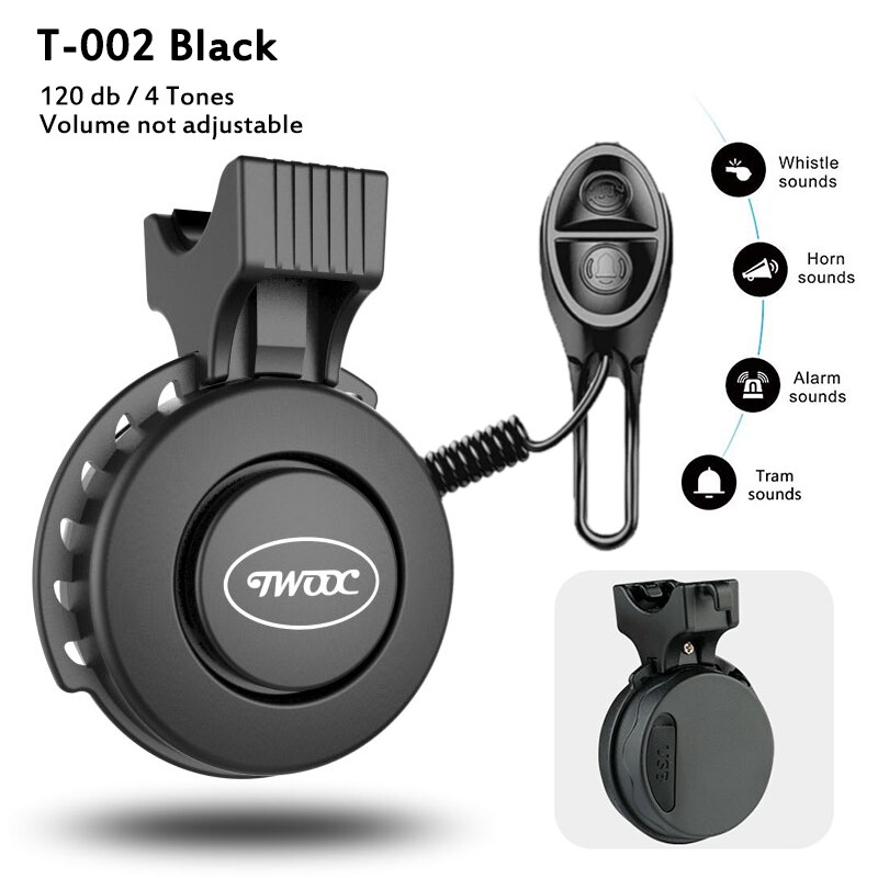 Timbre de bicicleta eléctrico IP65, claxon para bicicleta eléctrica, resistente al agua, recargable por USB, 120dB, 4 modos, accesorios para bicicleta: T-002 Black