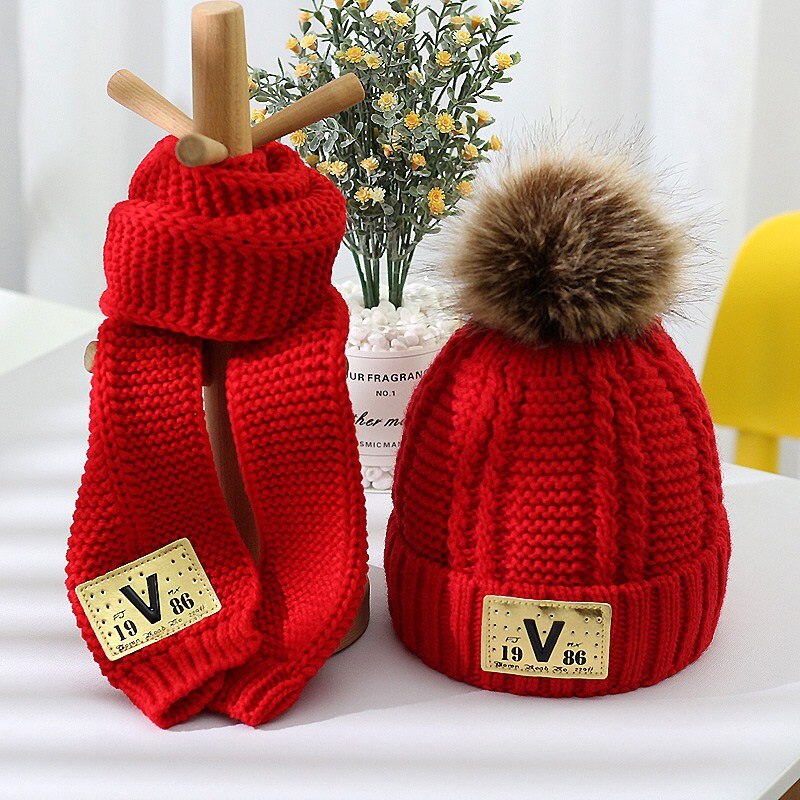 Børns hat og tørklæde sæt kombination drenge og piger dejlig tyk stil efterår vinter varm strikning uld hat og halstørklæde: Rød