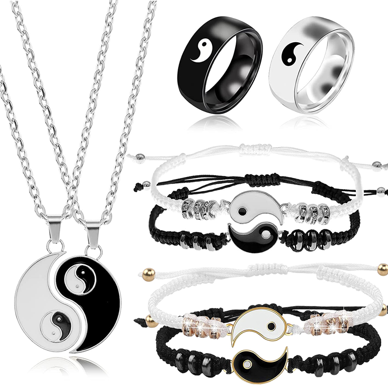 2/4 Uds Tai Chi Yin Yang pareja pulseras collares conjunto colgante pulsera de cadena trenzada ajustable pulseras de amante a juego gargantilla