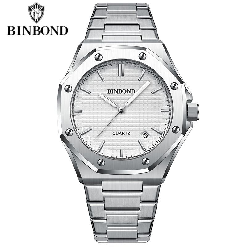 BINBOND montre pour hommes Top Royal décontracté hommes grand cadran argent acier inoxydable calendrier Quartz montre-bracelet classique lumineux B0233: Multicolore