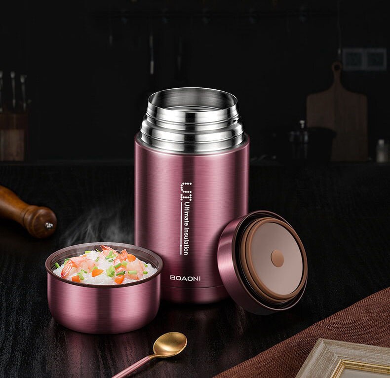 BOAONI 800ml Food Thermal Jar Vacuum Insulated Soup Thermos Containers 18/8 Stainless Steel Lunch Box with Portable Bag