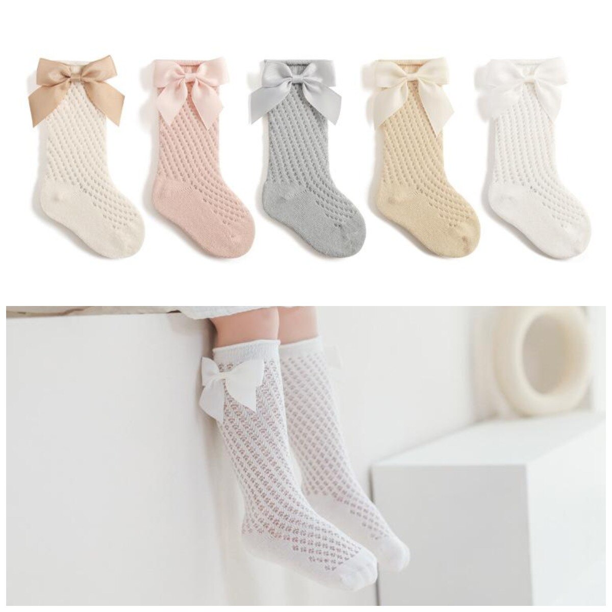 Verão crianças meias floral grande arco crianças meninas joelho alta meia longa algodão macio oco para fora meias do bebê malha menina princesa socken