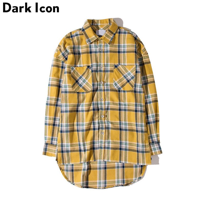 Dark icon flannel plaid shirt herre hip-hop shirt streetwear oversized curved hem hipster herres skjorte langærmet 2 gul