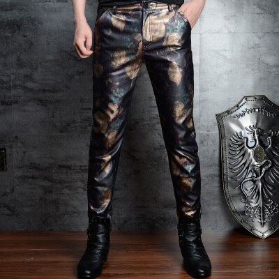 Pantalon en similicuir homme, imprimé floral, bonne pour motard, Skinny 28-36, fermeture éclair, style décontracté: Or / 32