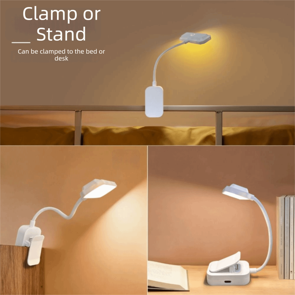 3 standen led-clip leeslamp, traploos dimbaar, flexibele hals, draagbaar, drie kleurtemperaturen, lang indrukken voor aanpassing