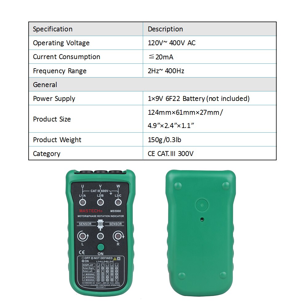 Ms5900 meter draagbare motorfaserotatie-indicator op batterijen, digitale displaydetector, nauwkeurige sequentietester  ac400v