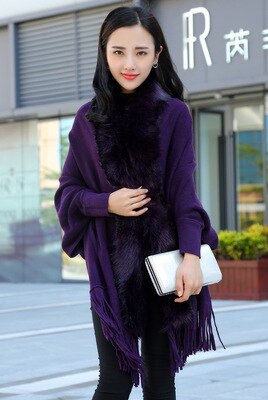 Forår damer faux fur krave cape sjal cardigan grå kvinder kvaststrik cardigan sweater poncho vinter varm frakke: Lilla