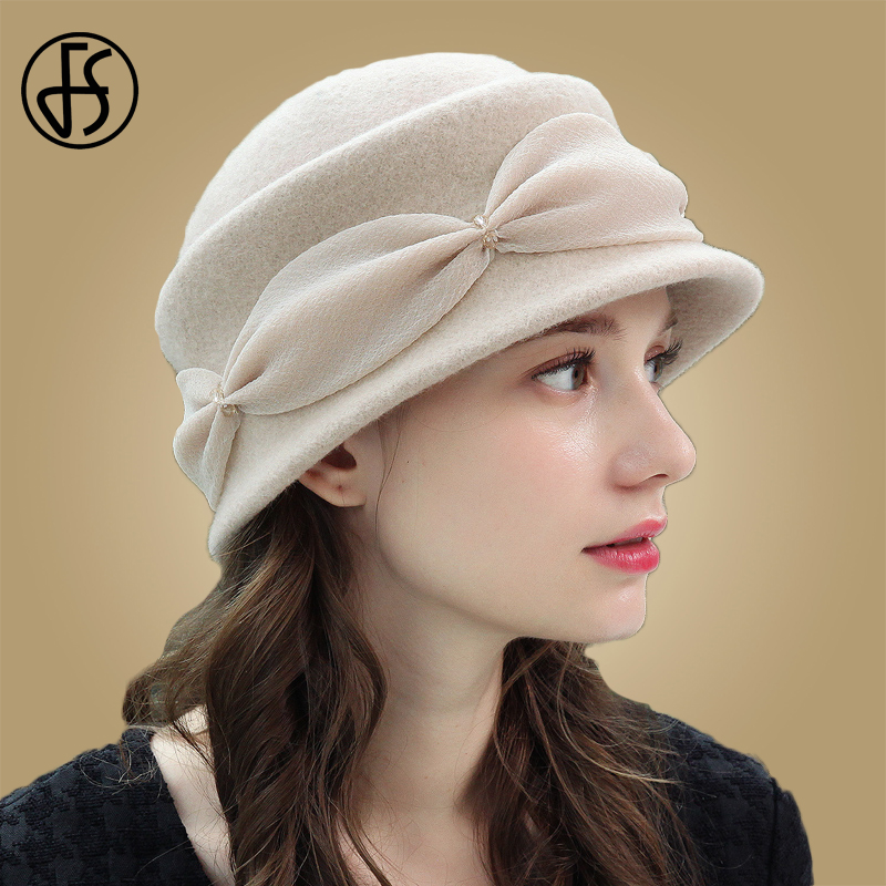 FS Vintage rosa mujer Lana Cloche gorra redonda invierno Fedora cubo Beige vino rojo Bowler sombrero chica gorras