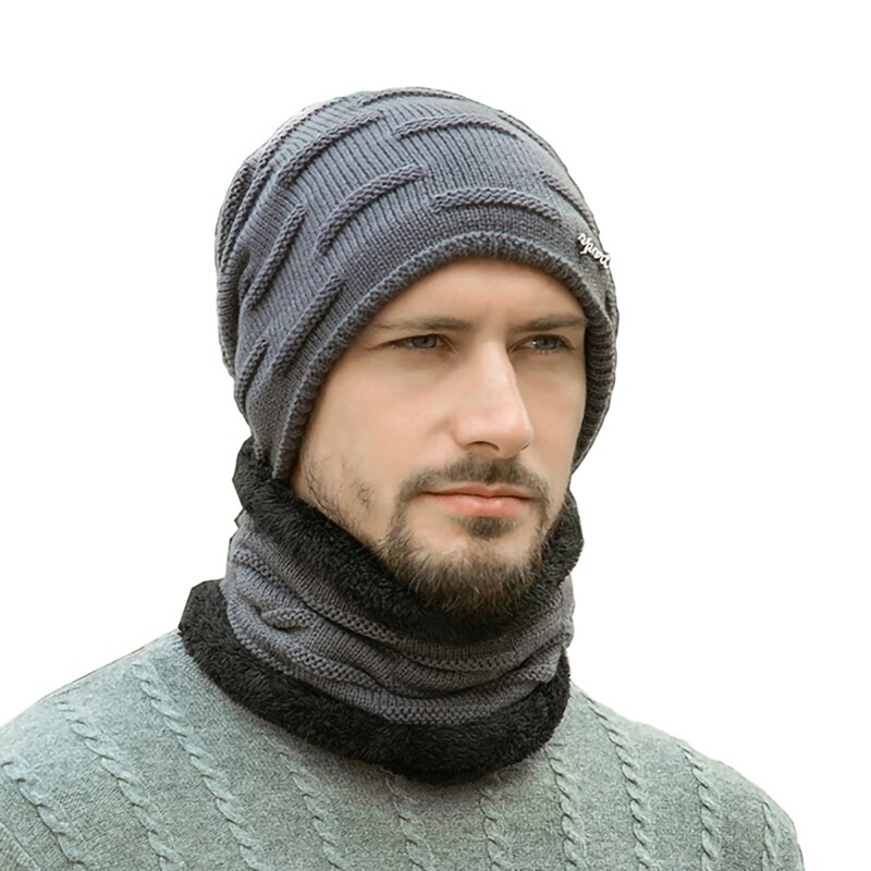 neue Beanie Hut Schal Set Männer Herbst Winter Dicke Thermische Flauschigen Gestrickte Kappe Neck Wärmer Headwear