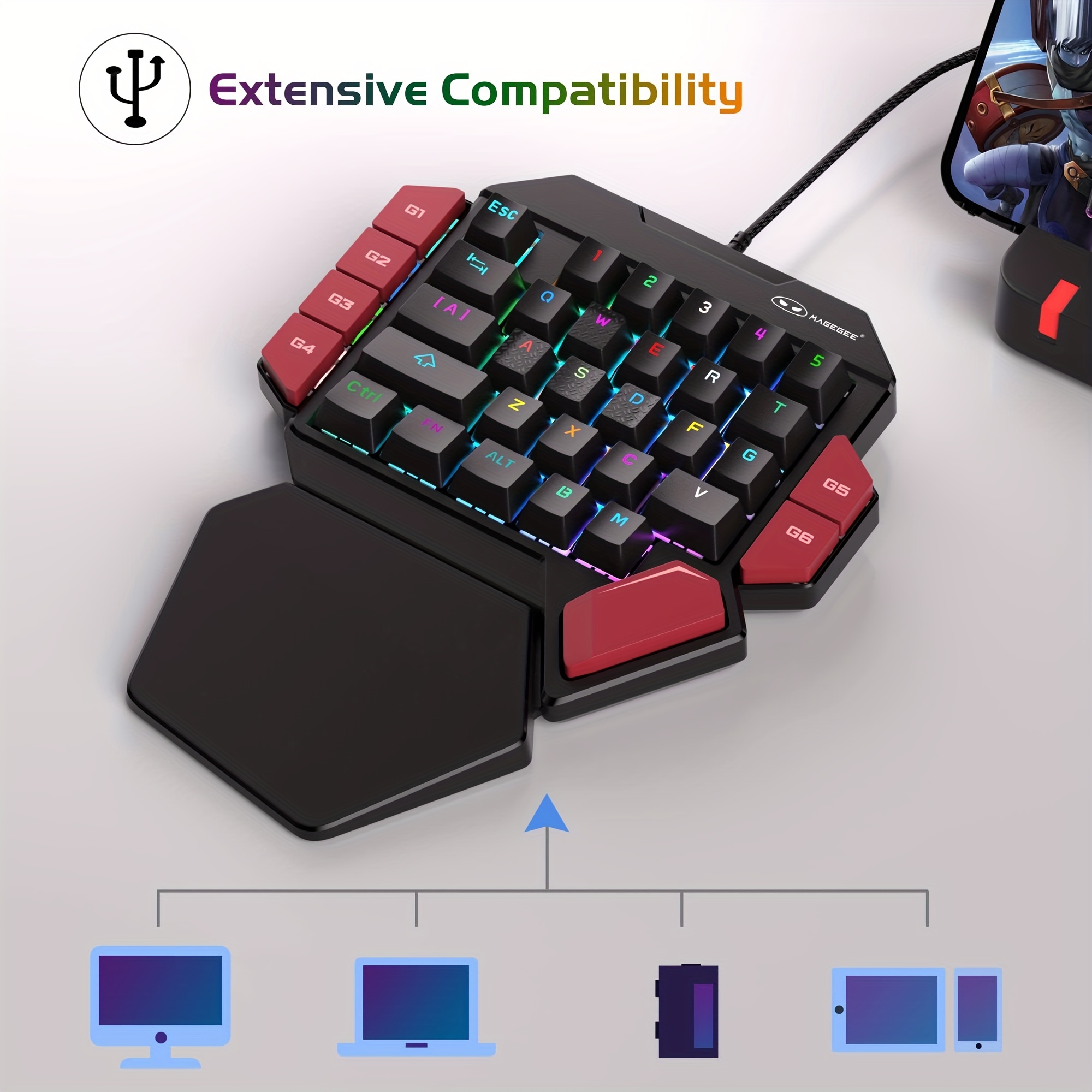 MageGee Einhand-Spiel-Mechanische Tastatur, Axt 35-Tasten, kabelgebundene Spielen-Laptop-Tastatur für Linkshänder, gemischte Lichtlampeneffekt