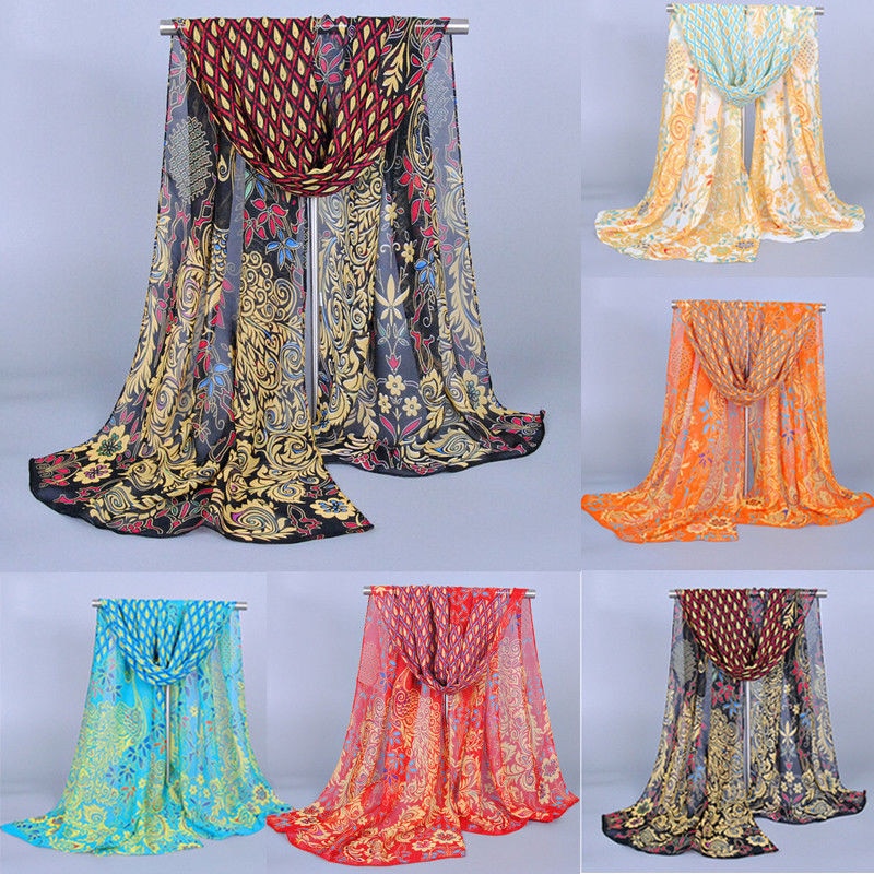 Kvinder damer chiffon påfugl tørklæde fjer blød wrap lang sjal farverige tryk tørklæde 160*50 cm