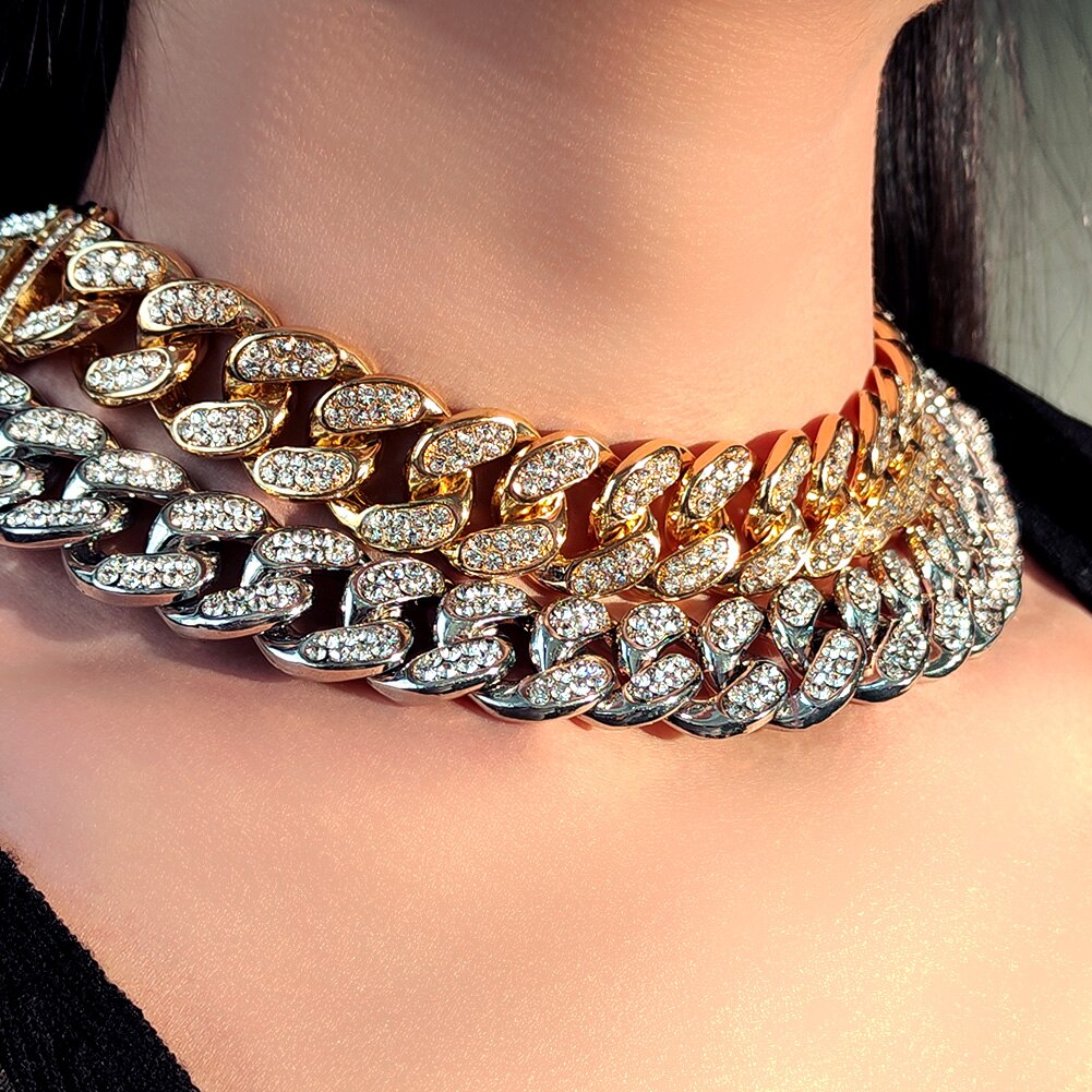 Collana girocollo da donna cubana spessa da 20MM con pavé di strass con strass ghiacciato Bling collane cubane gioielli anca-salto musica rock festa