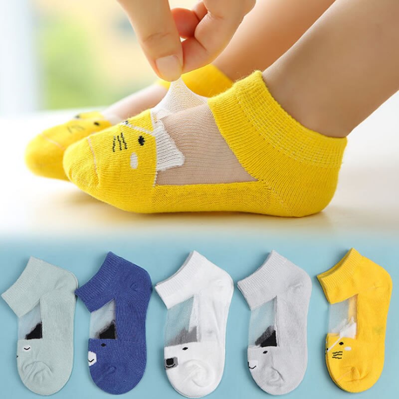 Calcetines de algodón de malla delgada de verano para niños, calcetines de seda de hielo para bebé, calcetines de barco de personajes de dibujos transpirables: Blue cat 5pair / S 0 to 1year
