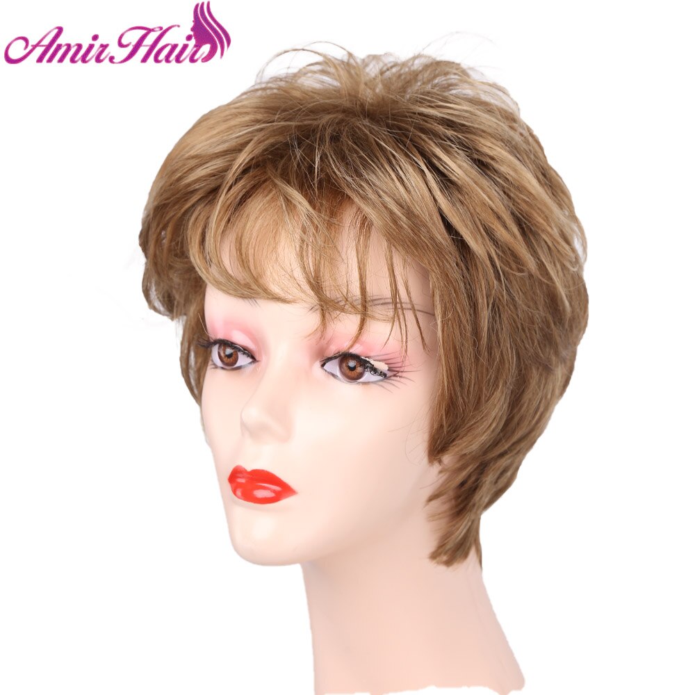 Amir Straight Short Synthetic Hair Wigs For Women Ombre Brown Blonde Puff Female Wig With Part Side Bangs Layer Wig