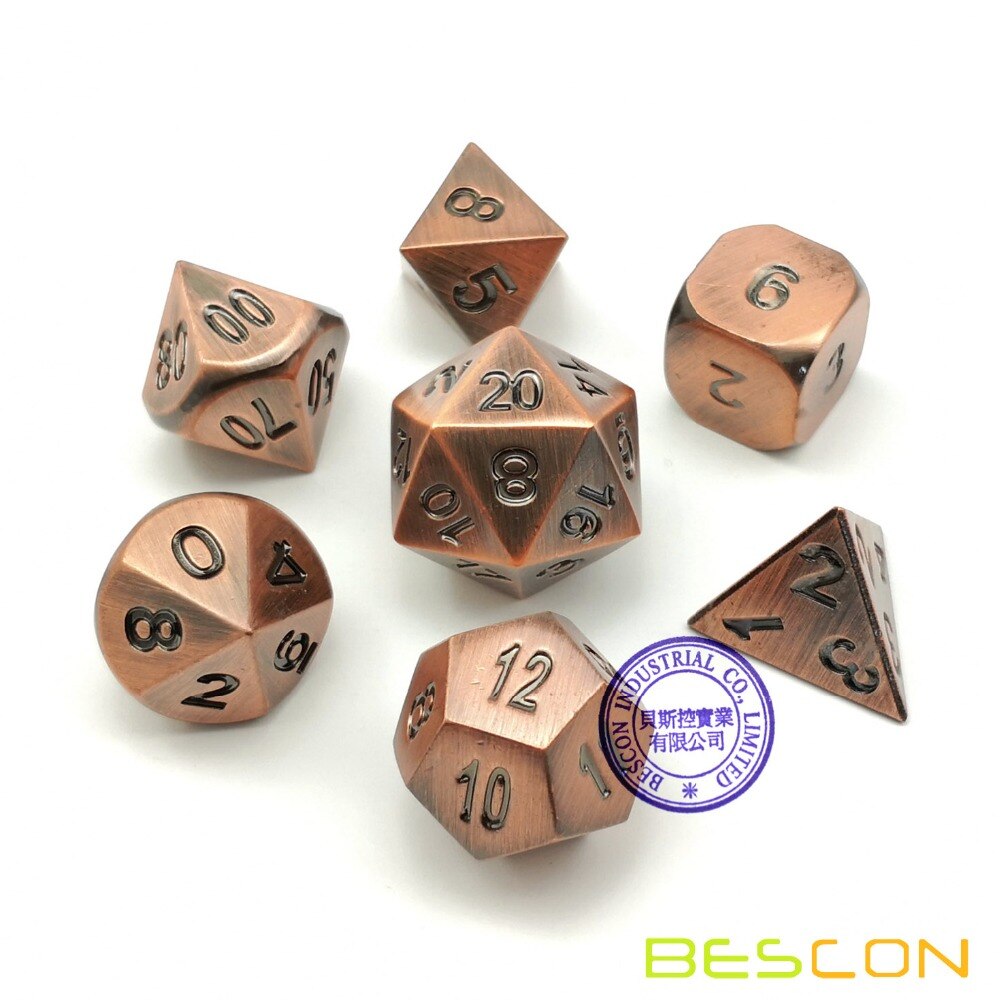 Bescon tunge gamle bronze massivt metal terningssæt, gamle metallisk polyhedral d & d rpg spil terninger 7 stk sæt