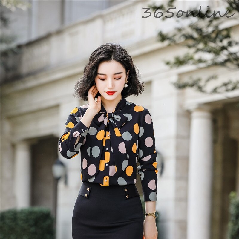 Gedrukt Lange Mouwen Blouses voor Vrouwen Kantoor Werkkleding Lente Herfst Shirts Blouse Blusas Tops Kleding met Vlinderdas