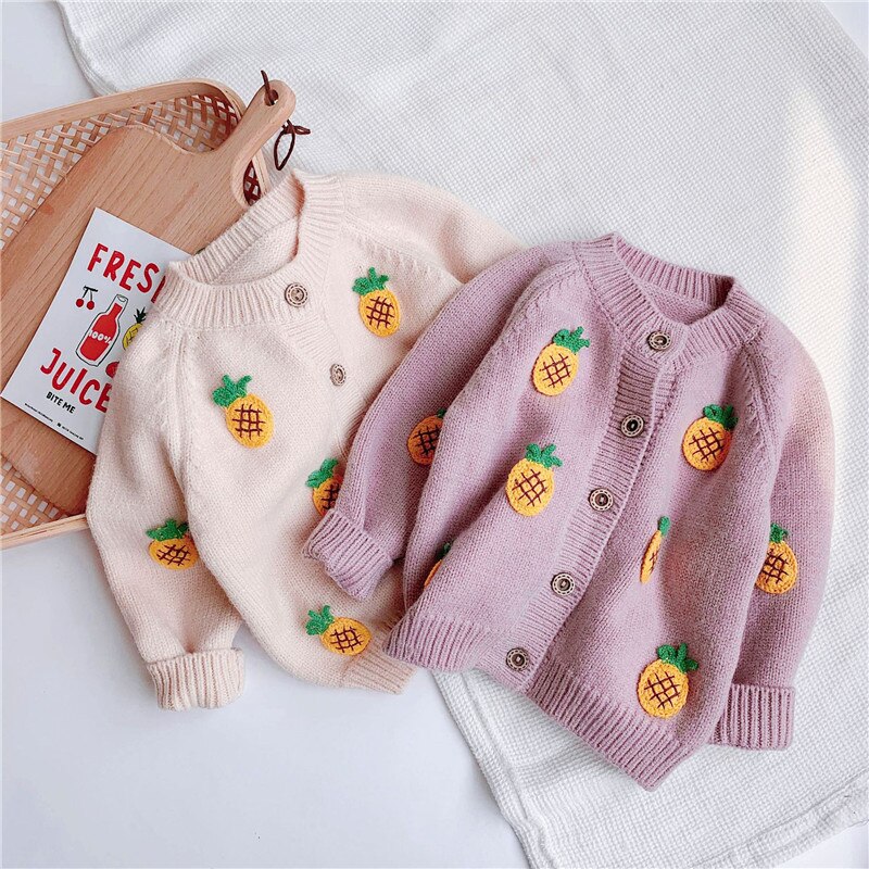 Efterårs vinter strik cardigan baby pige Koreansk stil Ananas broderi børn blød casual langærmet frakke