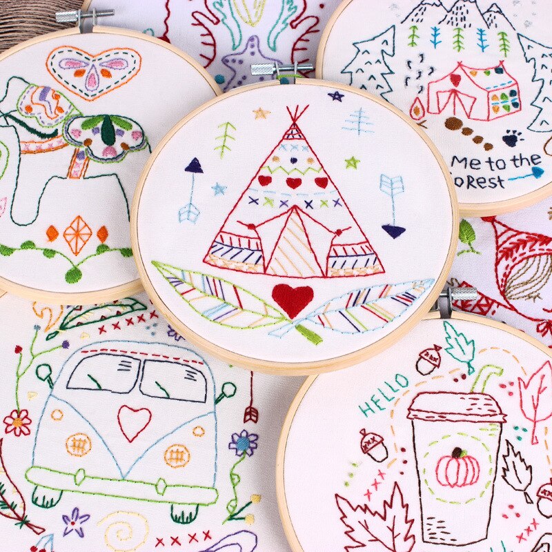 Stick Figure Embroidery Kit DIY Needlework Kawaii Cartoon Needlecraft for Beginner Cross Stitch Artcraft(Without Hoop)