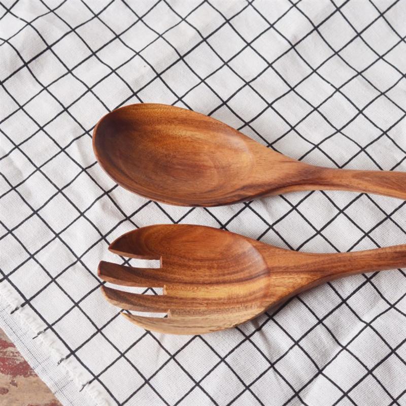 Cocina Natural cuchara de madera ensalada cena servir cucharas servidor tenedor de madera juego de vajilla cuchara utensilios de madera vajilla