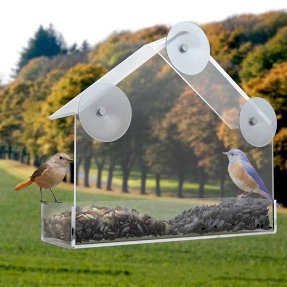 Bird Feeder Acrylic Transparent Window Viewing Bird Feeders Tray Birdhouse Pet Water Feeder Suction Cup Mount House Type Feeder