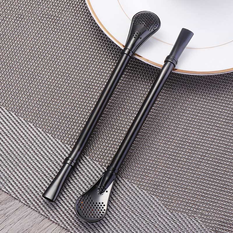 Cuchara de café multifuncional, Pajita para beber, cuchara de paja de acero inoxidable 304, filtro de té, licuadora, taza de leche, taza Zumo de paja, 15,7 CM: Black