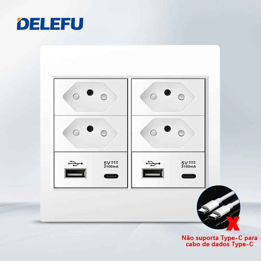 DELEFU 4x4 Fireproof PC Panel Brazil Standard Outlet Double USB Type C Wall Power Socket Light Switch Office White 10A 20A: 5.2M / Khaki