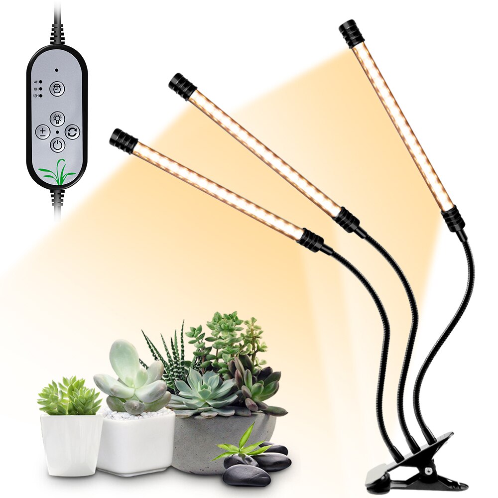 Usb plant odlingsljus solljus vit fullspektrumbelysning bordsklämma odlingslampa för växter 5 dimbara nivåer 4/8/12h timer: 3 huvud